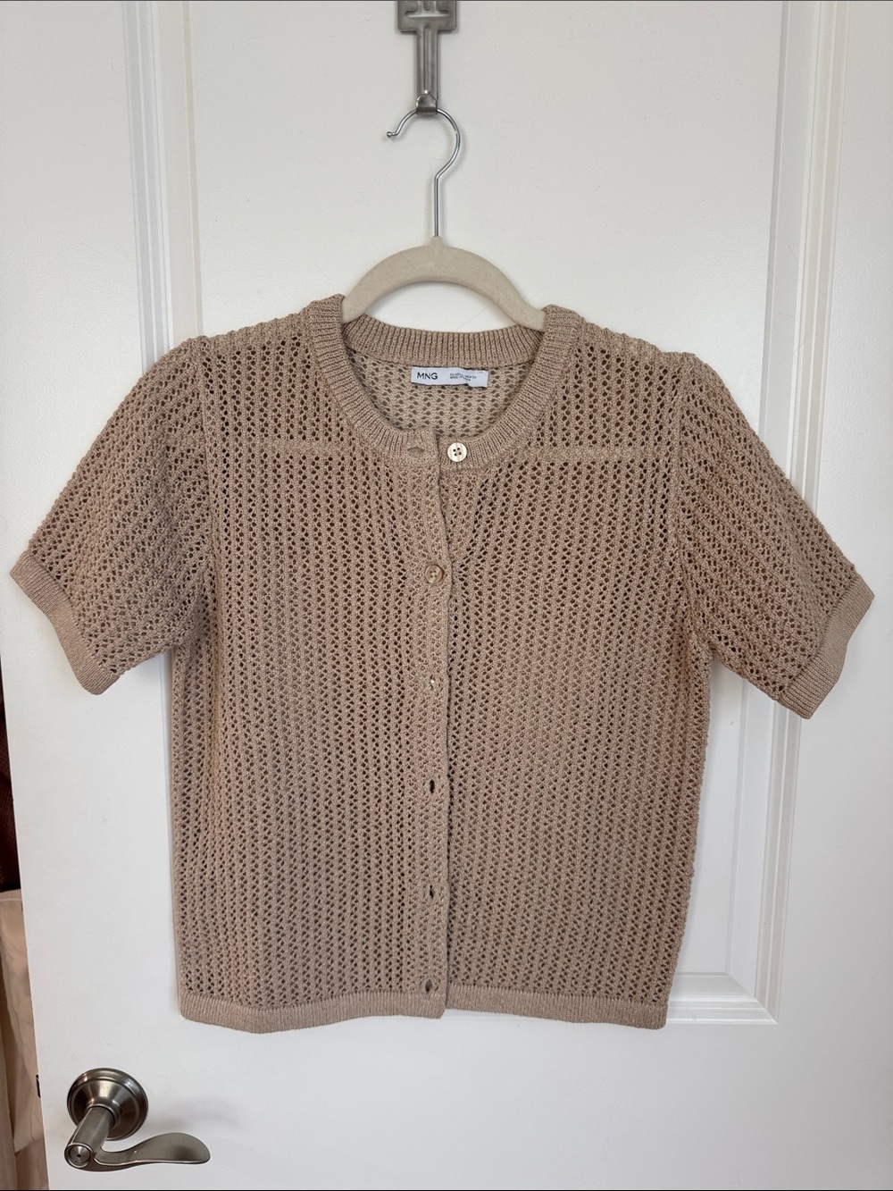 Mango Short-Sleeve Open-Knit Cardigan in Beige